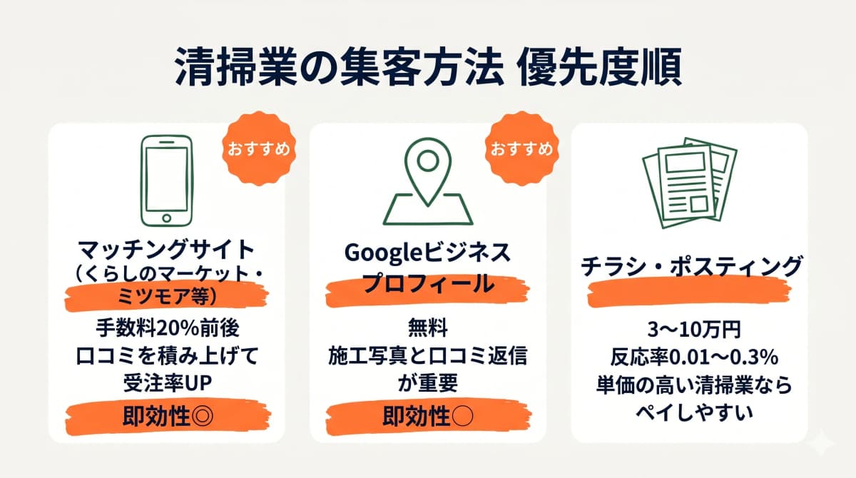 マッチングサイト・Googleビジネスプロフィール・チラシの3集客手段を比較した図